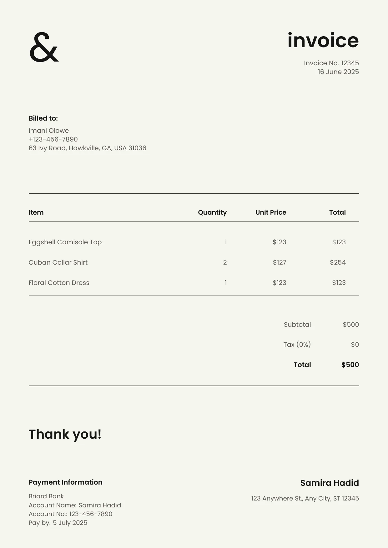 Atelier serif invoice template